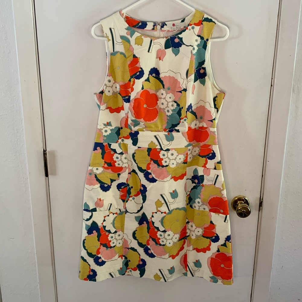 Boden white sleeveless dress w/floral print in gold, orange, teal, blue, pink